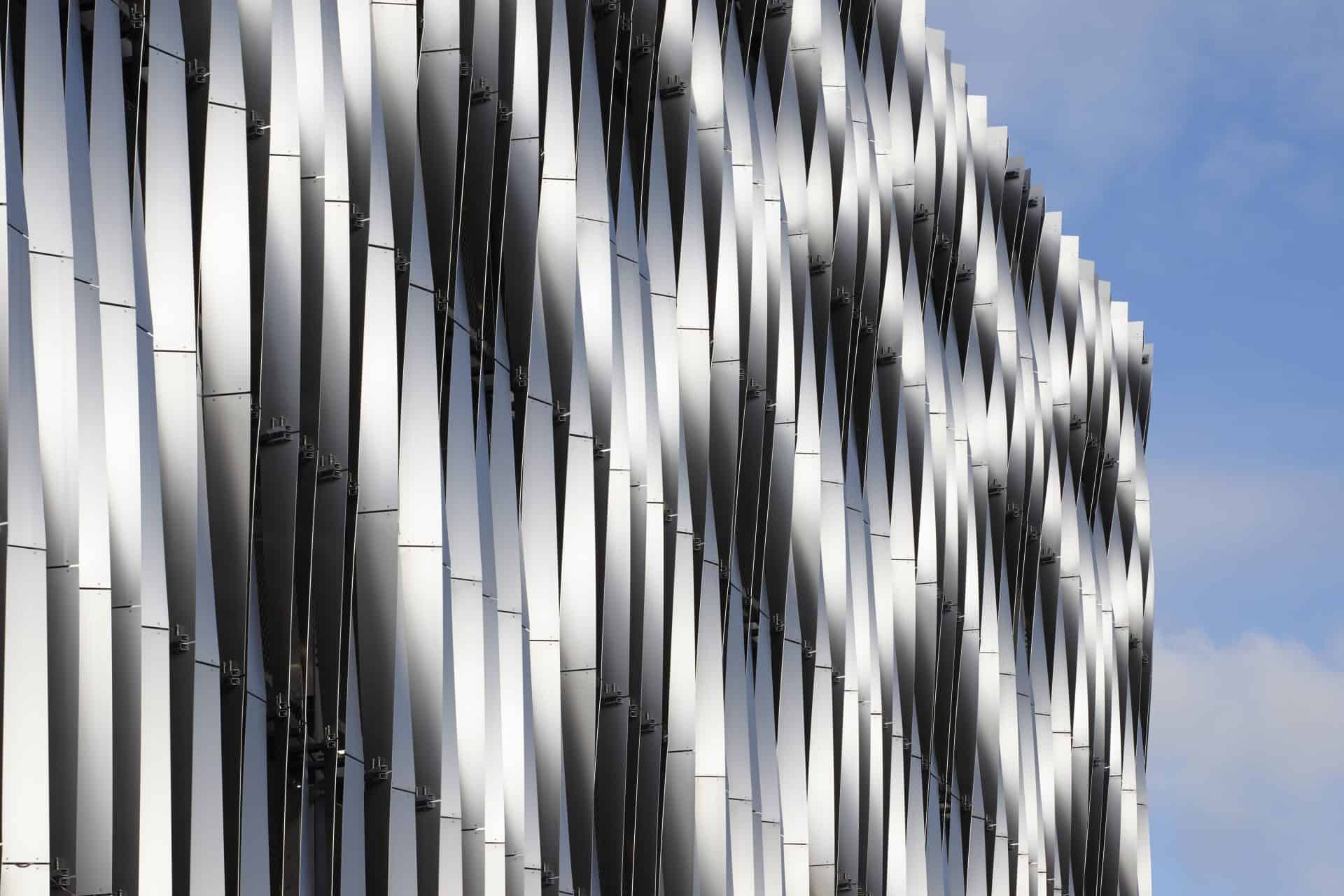 Contemporary architectural facade at Victoria Leeds shopping centre, Leeds, UK.