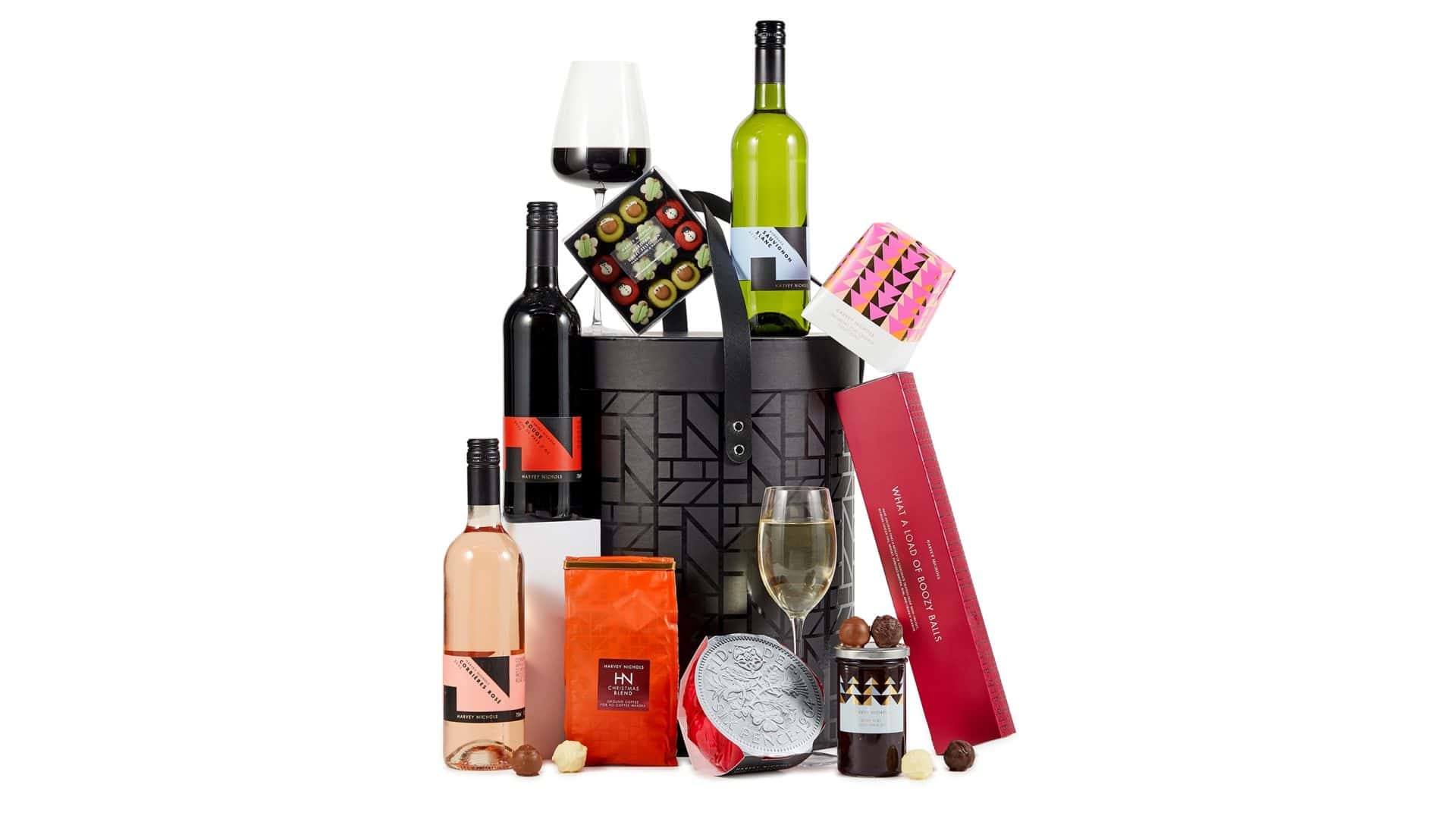 Luxurious Christmas gift set with wine, chocolates, and grooming products at Victoria Leeds.