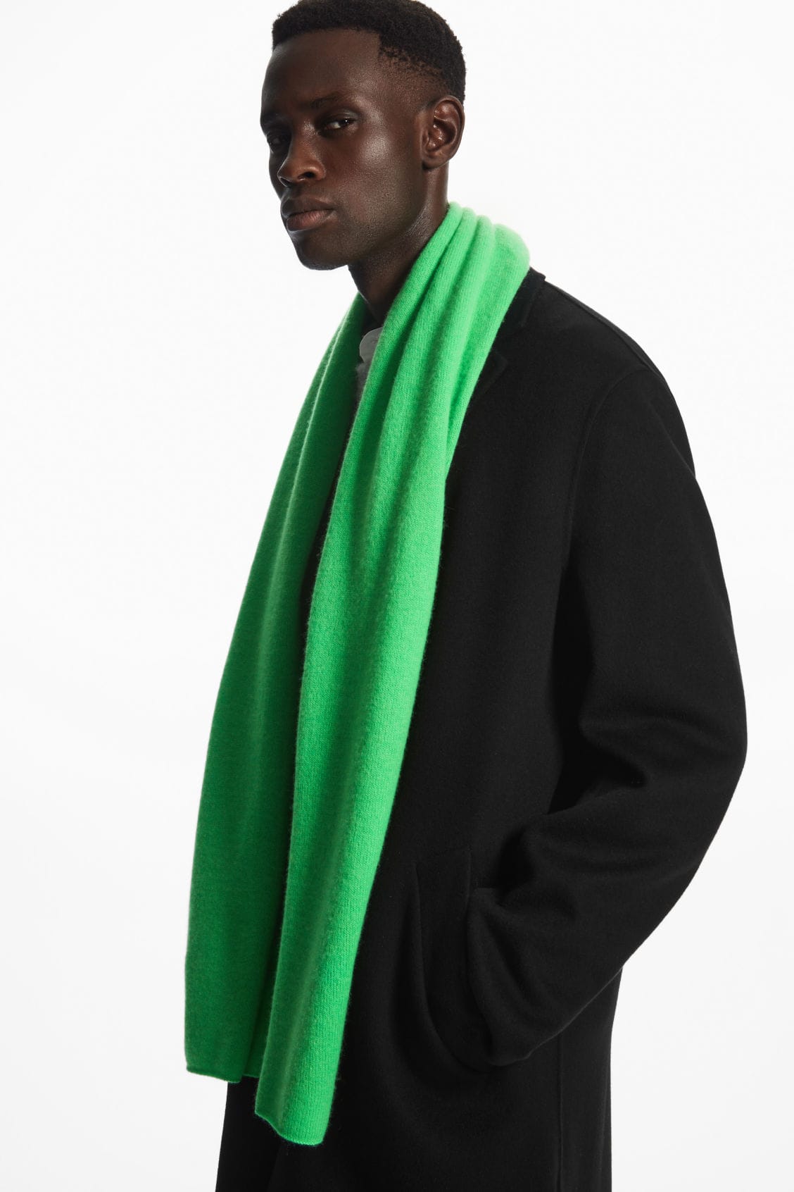 Men's green winter scarf, stylish accessory for Christmas gift ideas.