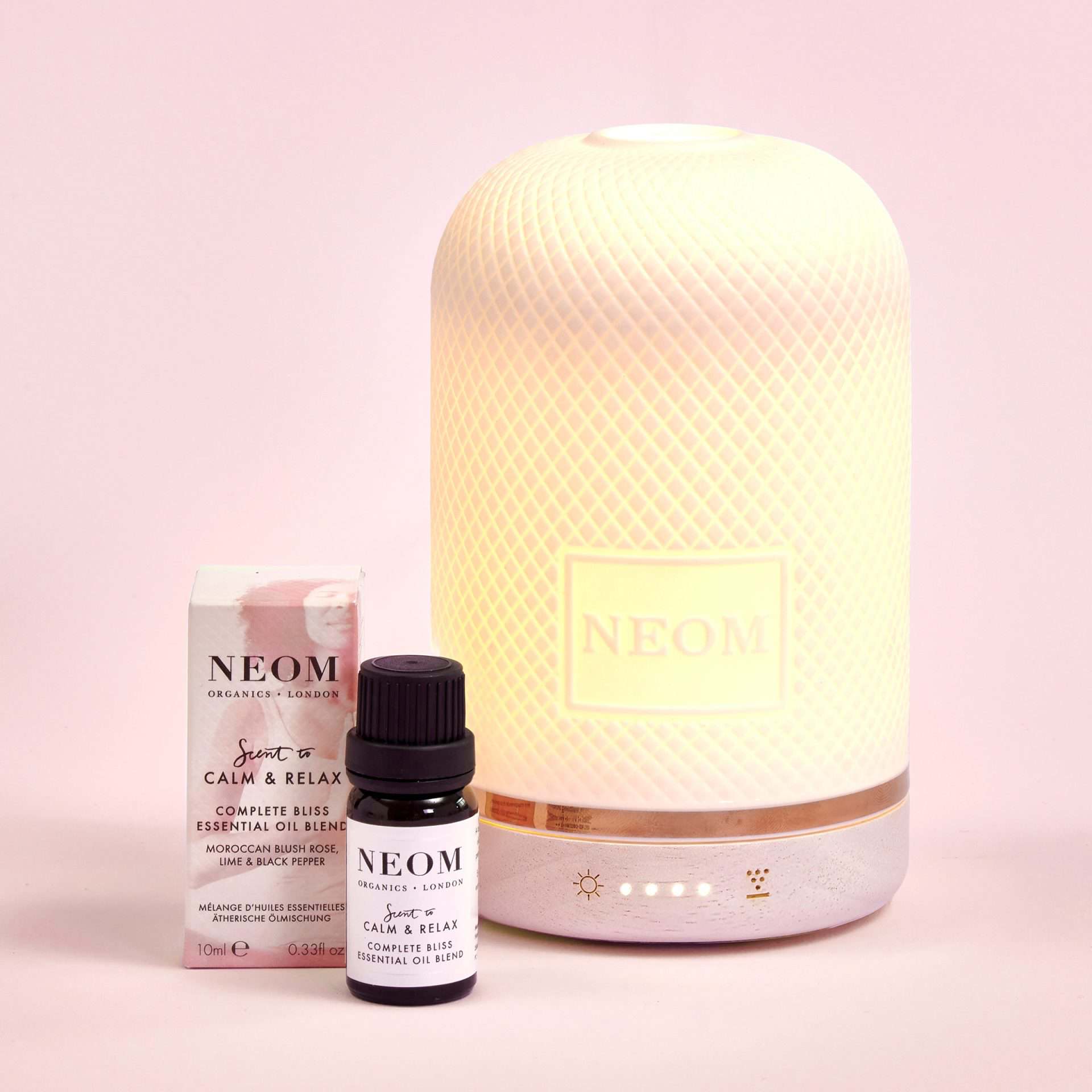 NEOM essential oil diffuser for calming and relaxing home aromatherapy.