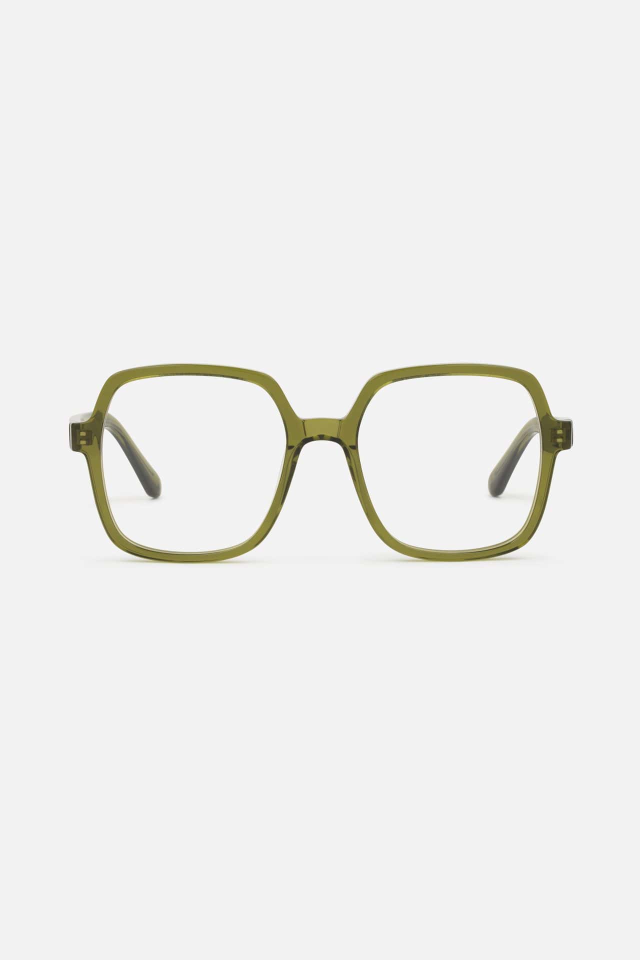 Stylish green rectangular glasses from Victoria Leeds' Timeless Shapes collection.
