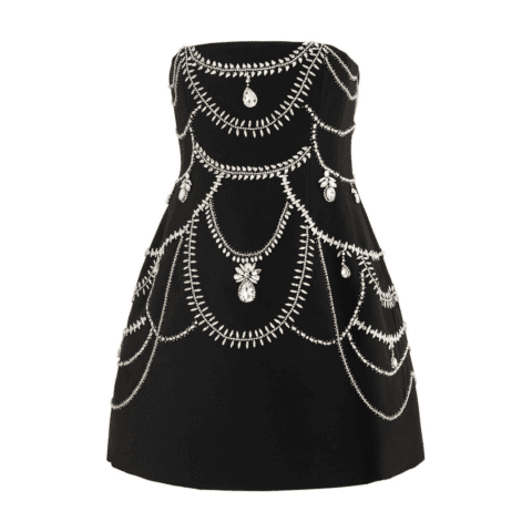 Stylish black dress adorned with silver jewelry-inspired embellishments, ideal for festive New Year'.