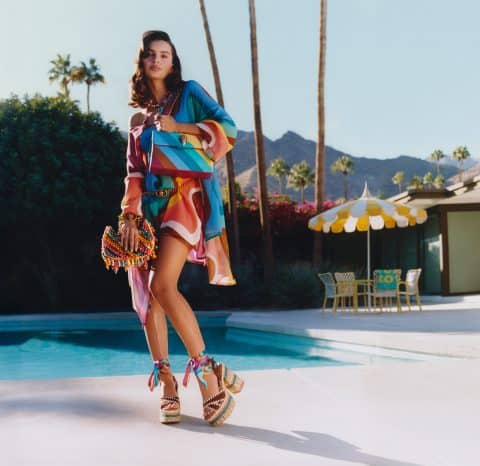 Emily Ratajkowski models vibrant summer footwear and accessories at Victoria Leeds for Kurt Geiger's.