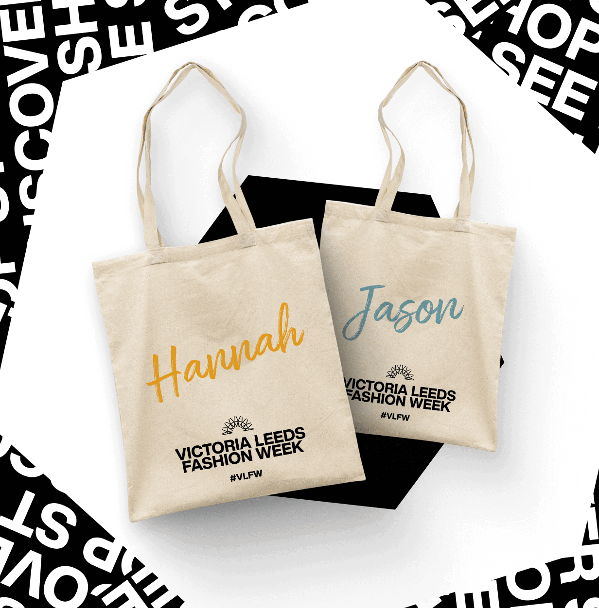 Personalised tote bags for Victoria Leeds Fashion Week 2025 with custom names Hannah and Jason.