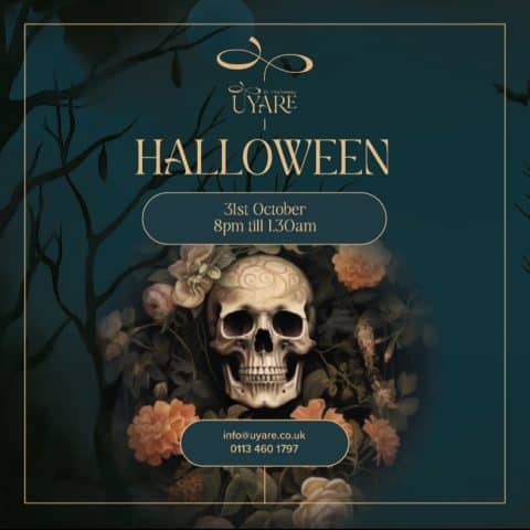 Halloween Day of the Dead event at Victoria Leeds with skull and floral decor.
