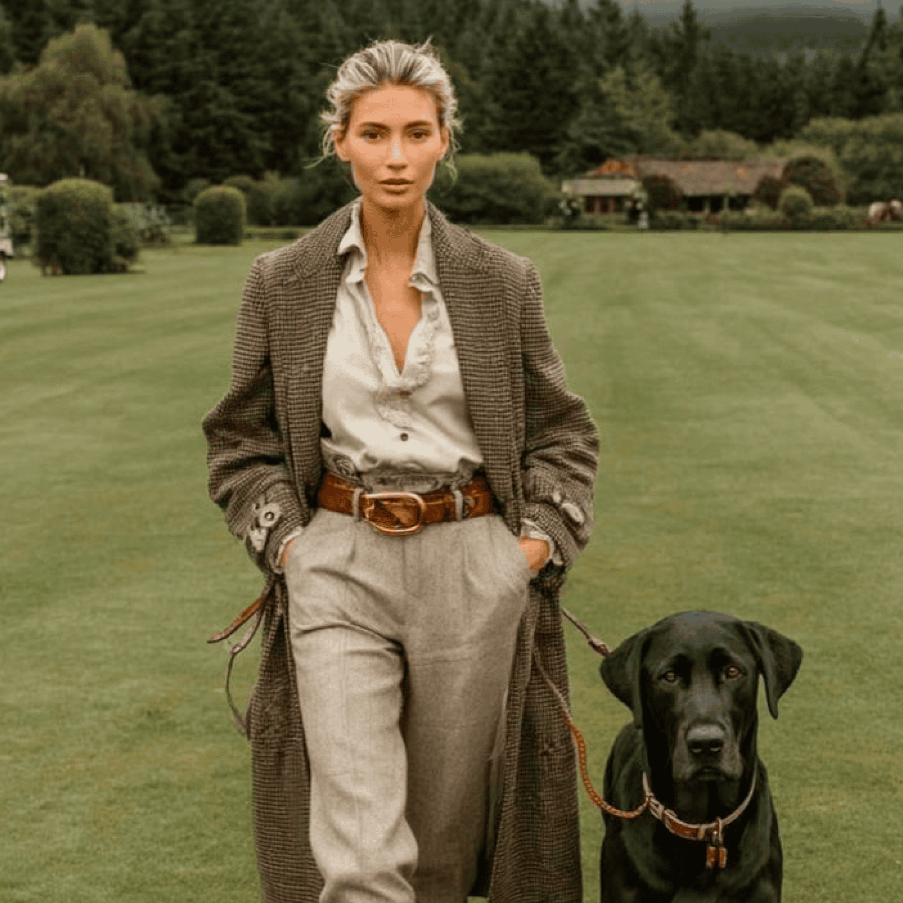 Woman in vintage-style outfit with black dog on a golf course, outdoor fashion look.