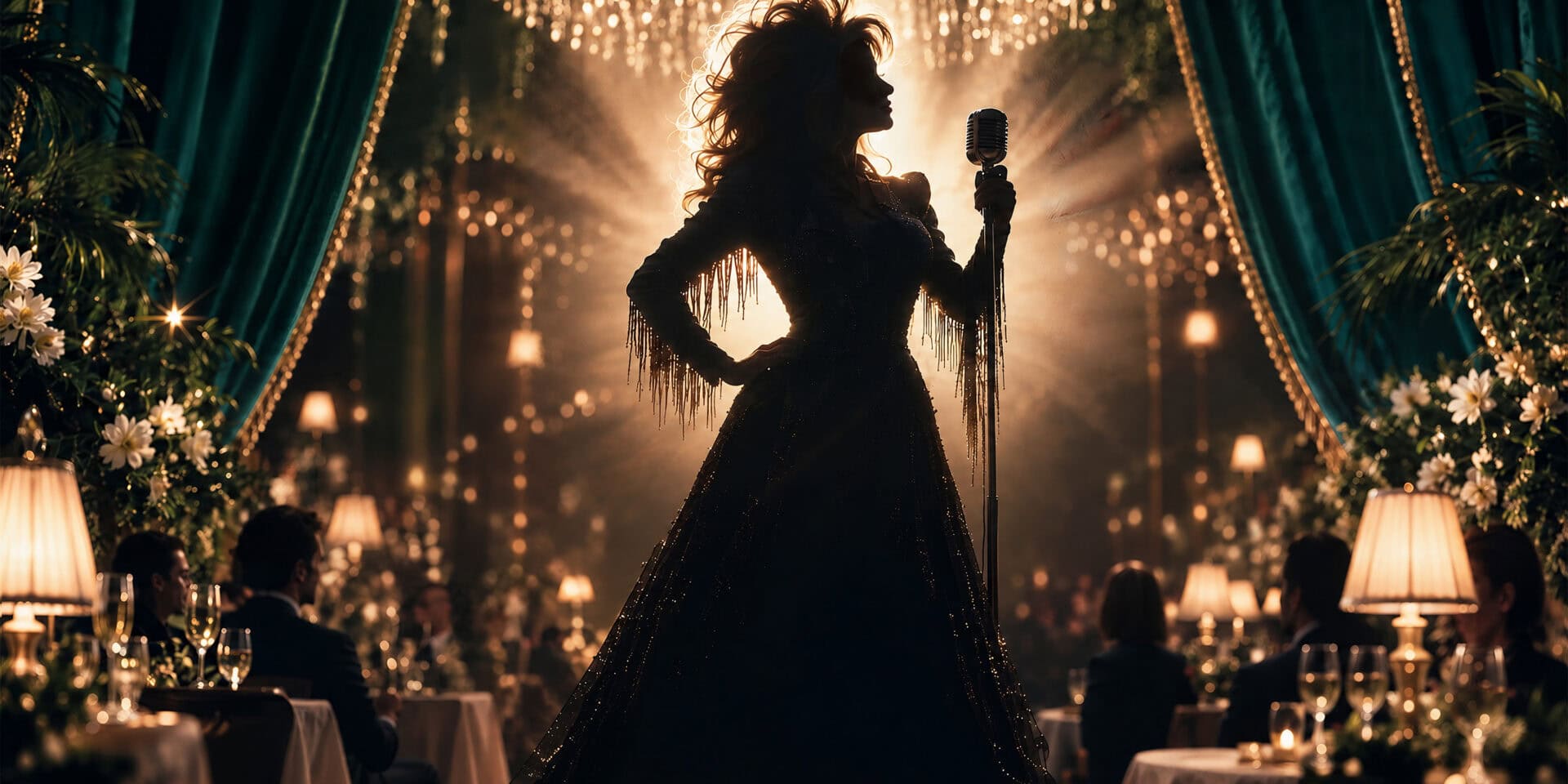 Performer singing on stage at The Ivy Brasserie during A Night Of Dolly event.