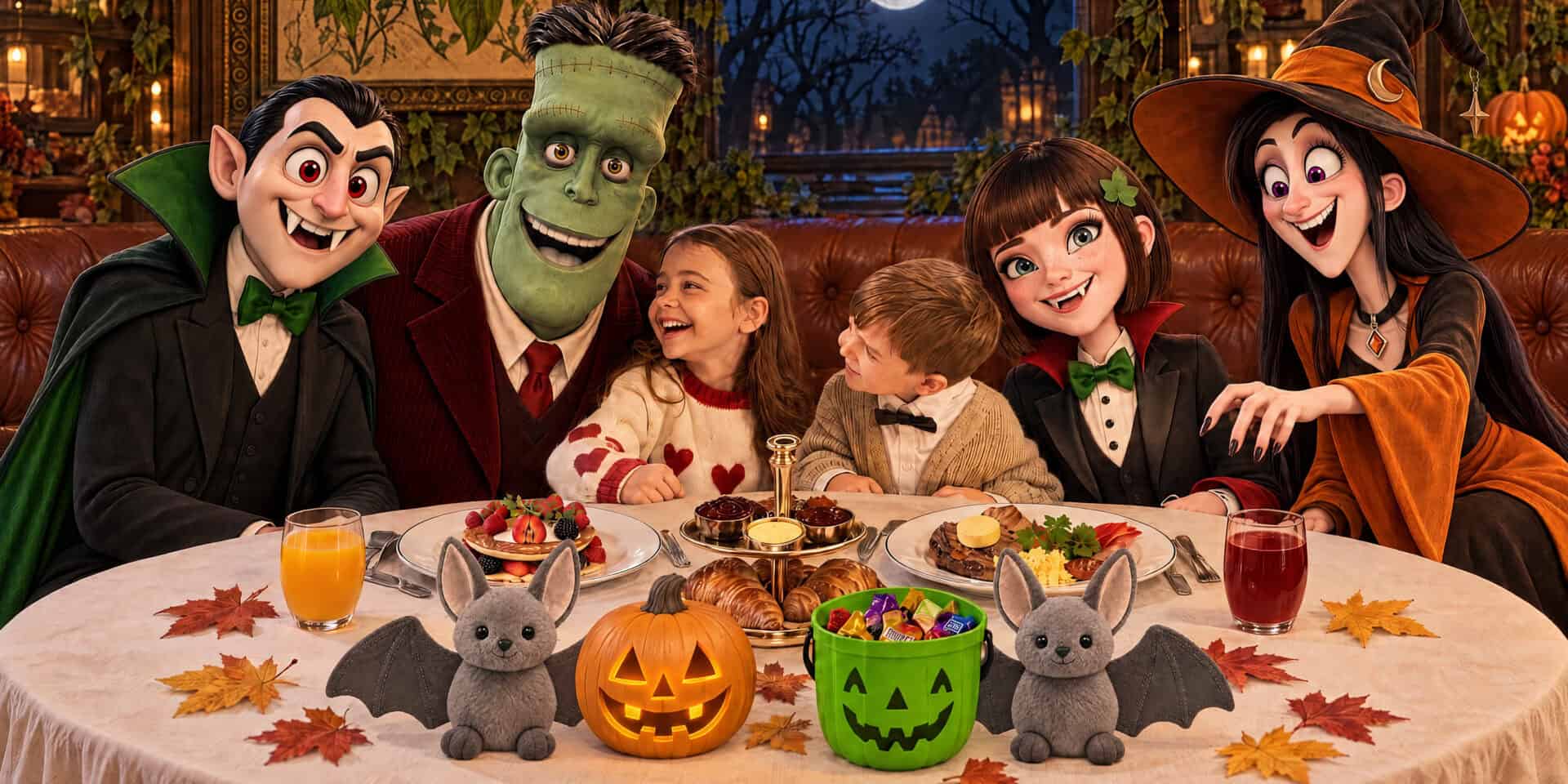 Children and characters in Halloween costumes enjoying a festive breakfast banquet.
