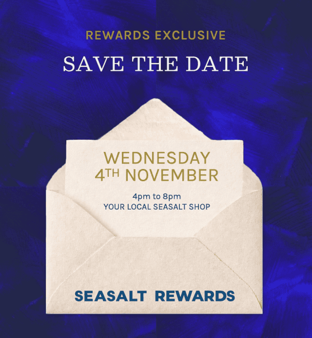 Victoria Leeds Seasalt Rewards event notice with save the date for Wednesday 4th November.