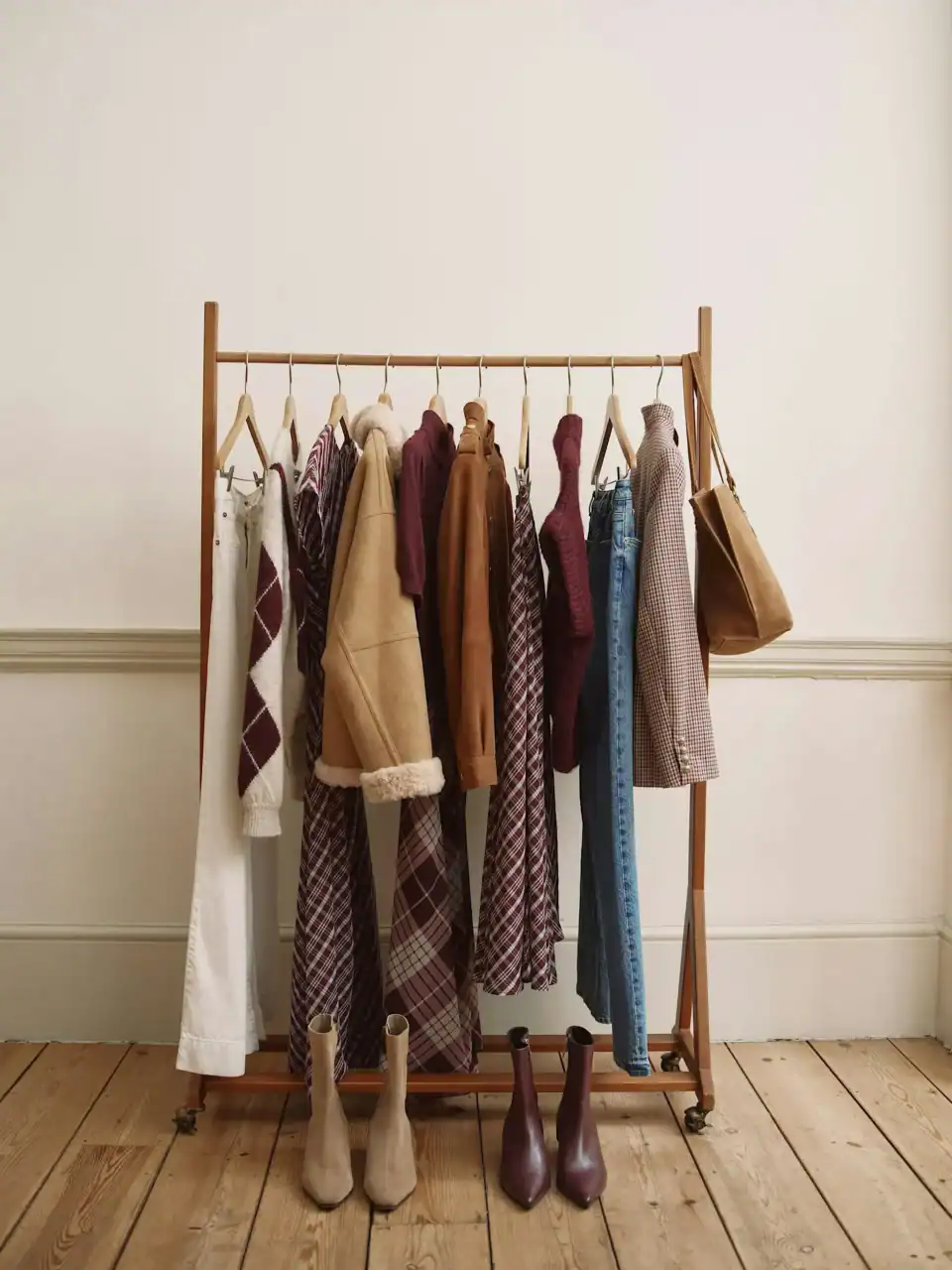 Clothing rack with autumn fashion outfits at Victoria Leeds event.