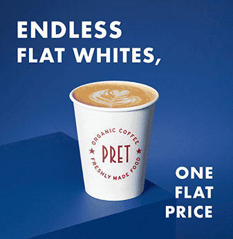 Victoria Leeds Pret subscription coffee cup with Pret logo and promotional text.