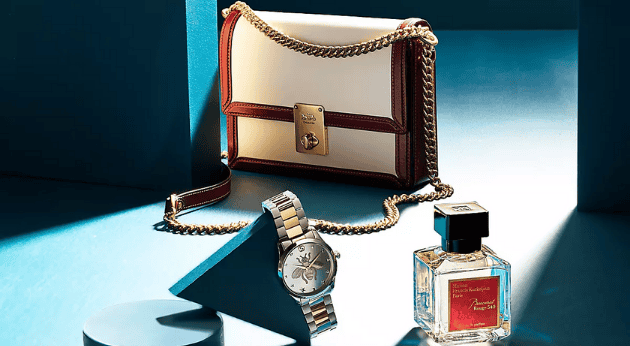 Elegant designer handbag, watch, and perfume display at Victoria Leeds. Perfect for last-minute shop.