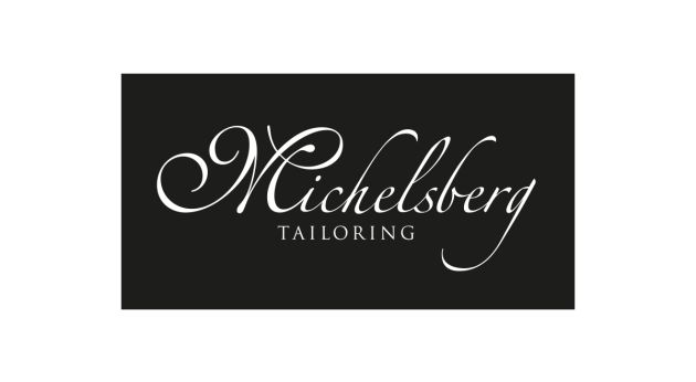Michelsberg Tailors logo on black background, elegant script font.