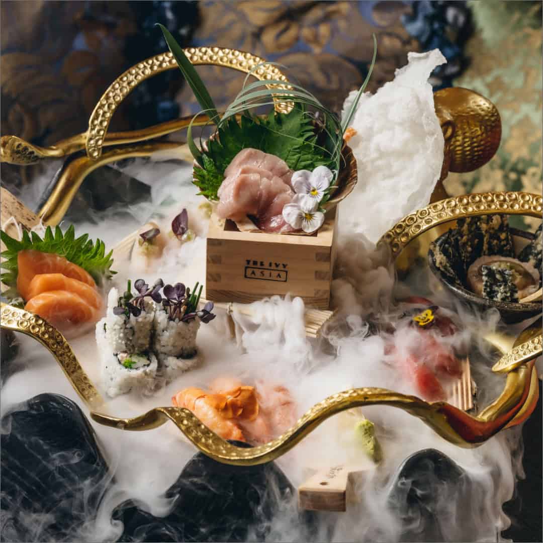 Exquisite sushi presentation at Victoria Leeds, inspired by The Ivy Asia's luxurious dining experien.
