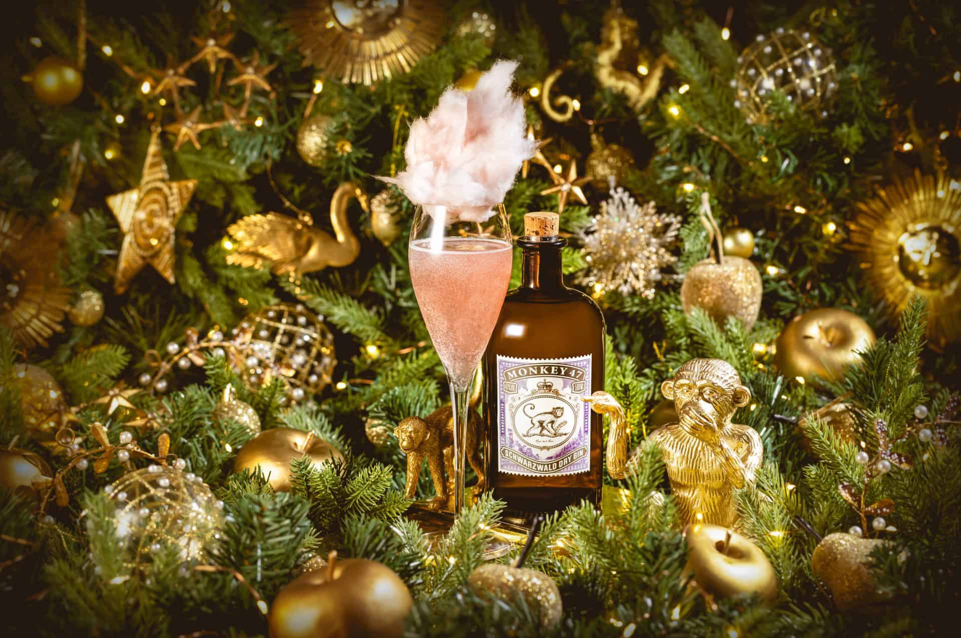 Elegant festive cocktail surrounded by gold ornaments and Christmas decorations at Victoria Leeds.