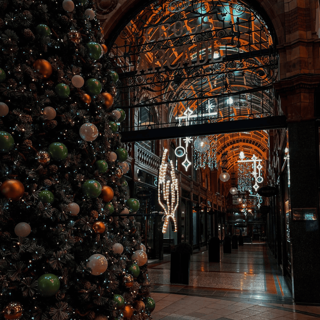 Festive Christmas decorations at Victoria Leeds shopping centre in Leeds, UK.