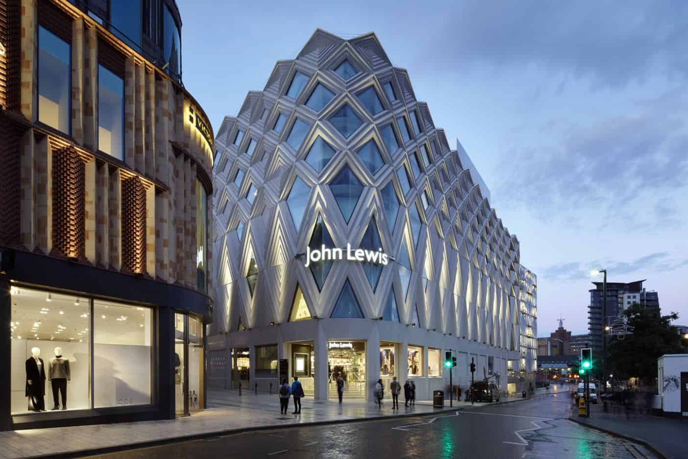 Victoria Leeds shopping centre exterior with John Lewis signage at dusk.