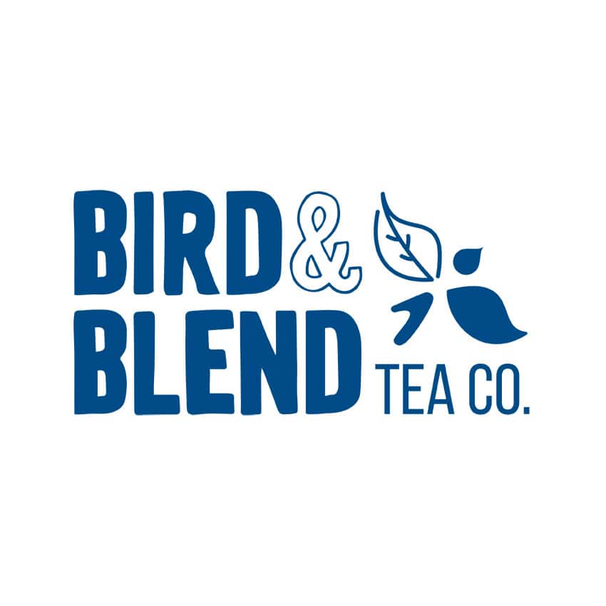 Bird & Blend Tea Co logo with leaves and tea cup illustration.