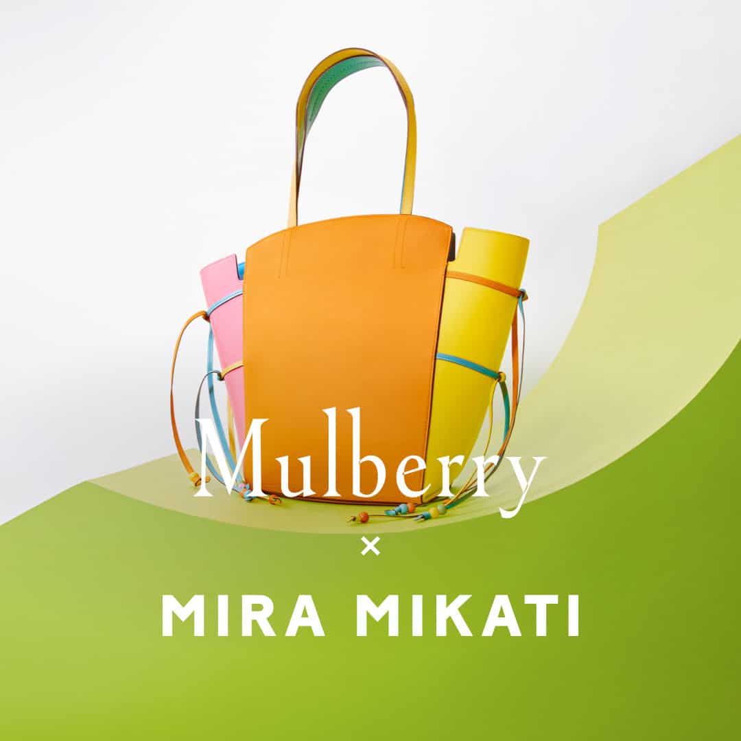 Bright yellow and pink Mulberry tote bag with Mira Mikati design, perfect for Year of the Dragon cel.