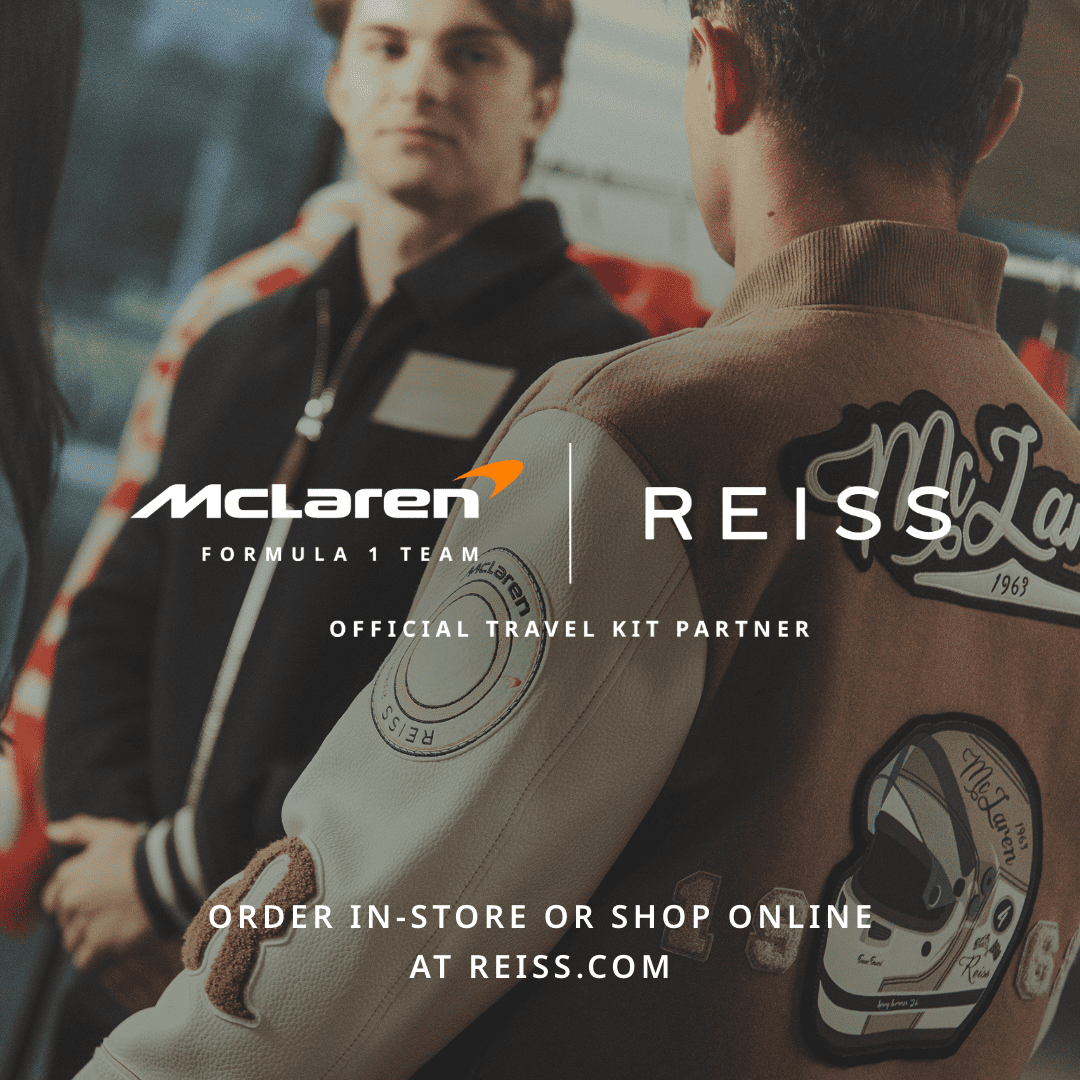 Reiss official travel kit partner with McLaren F1 Team, stylish apparel for motorsport fans.