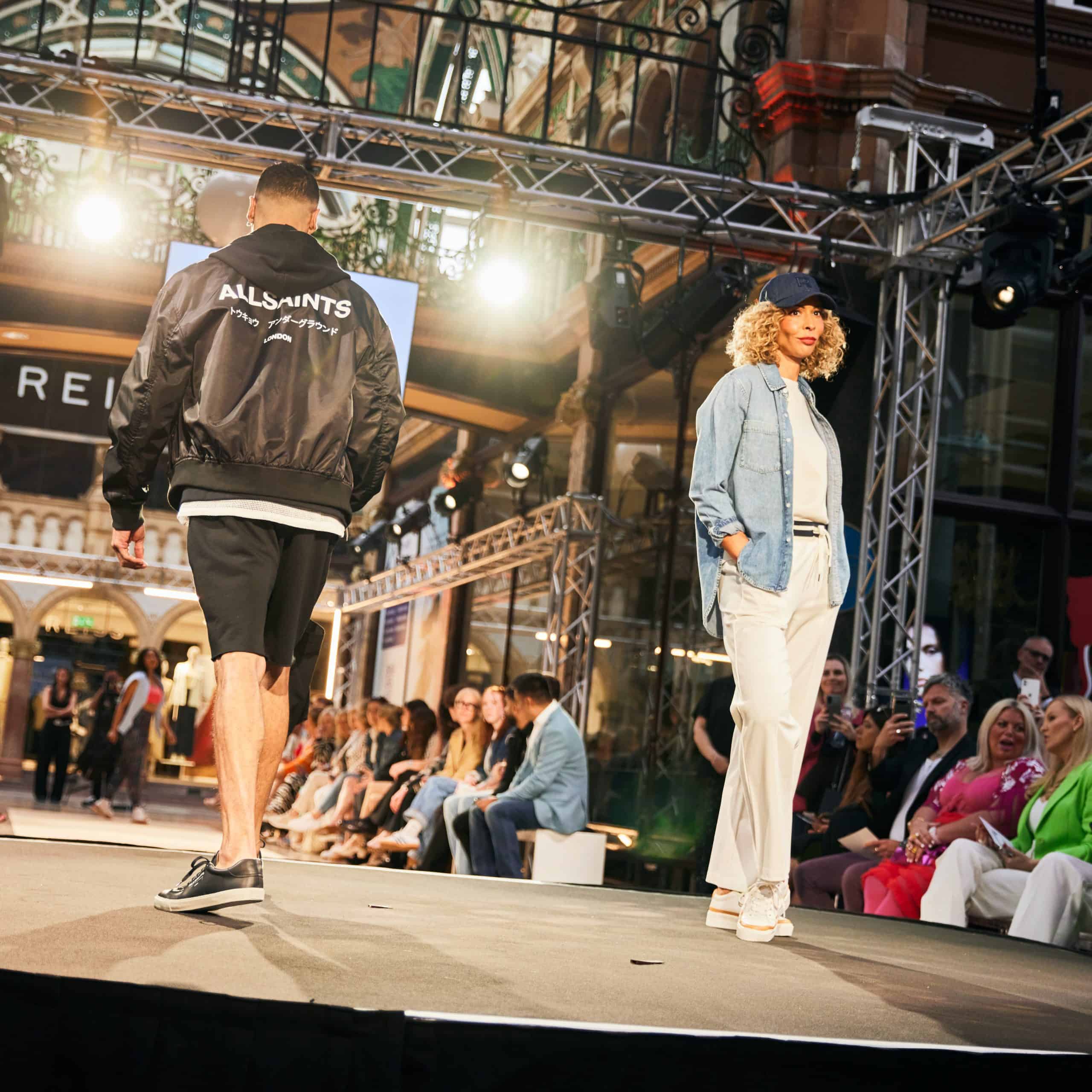 Elegant models showcase luxury casual wear at Victoria Leeds fashion event.