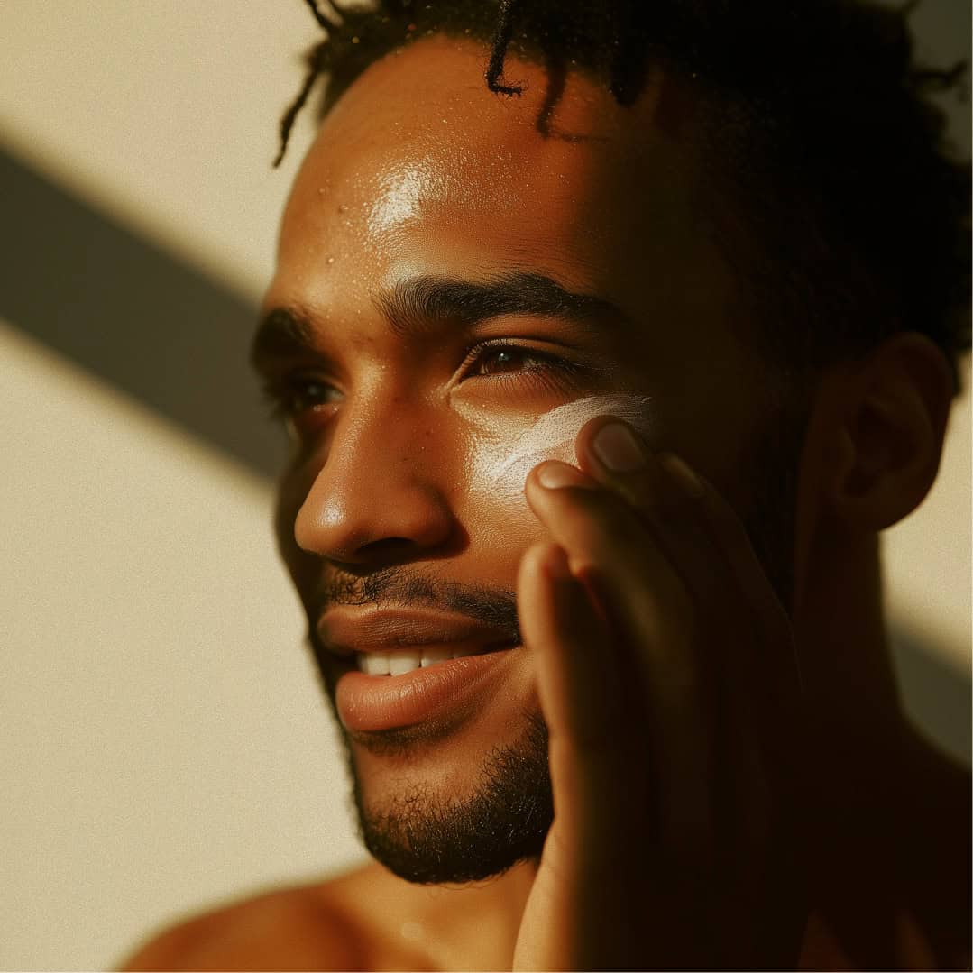 Man applying skincare cream, promoting wellness at Victoria Leeds.
