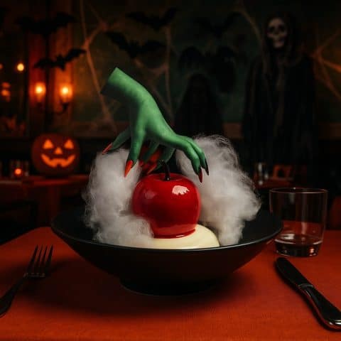 Halloween-themed dessert with green hand and red apple at The Ivy.