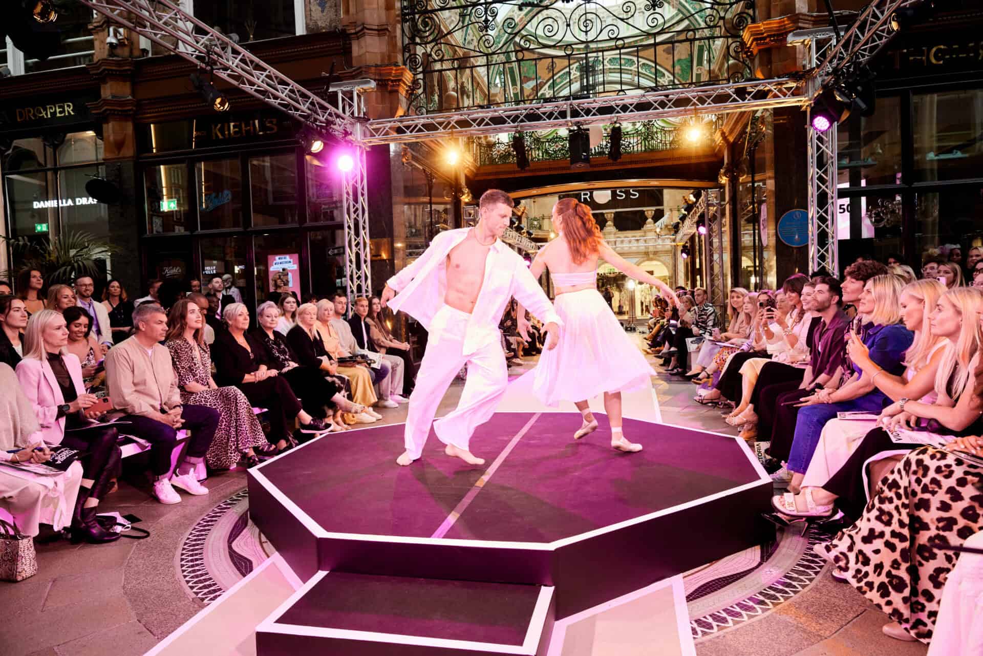 Victoria Leeds fashion show stage with dancers at Fashion Week 2026.