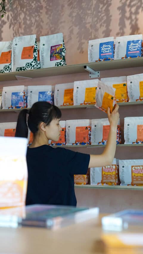 North Star coffee bags displayed on shelves at Victoria Leeds.