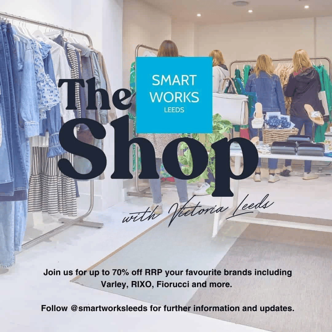 Smart Works Leeds charity shop interior with clothing racks and shoppers, promoting sustainable fash.
