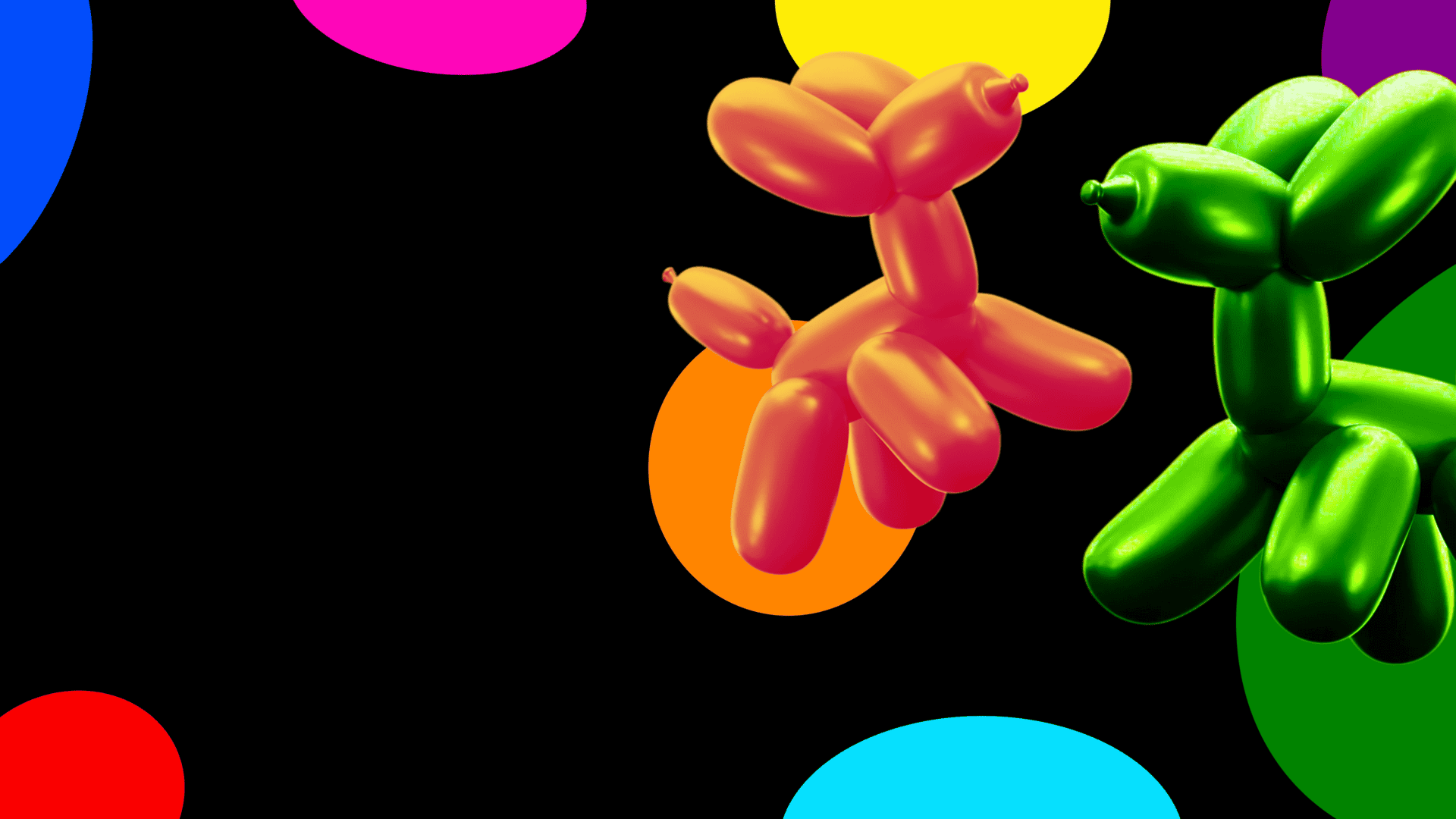 Colourful balloon animals on a black background with colourful circles.