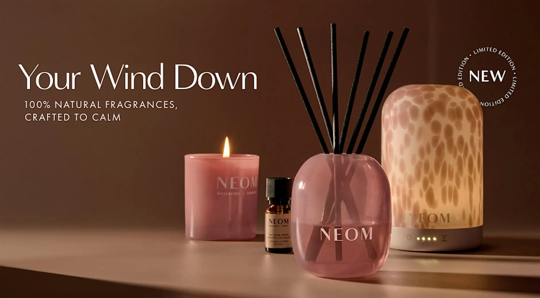Victoria Leeds NEOM wellbeing candles and diffuser for relaxation.